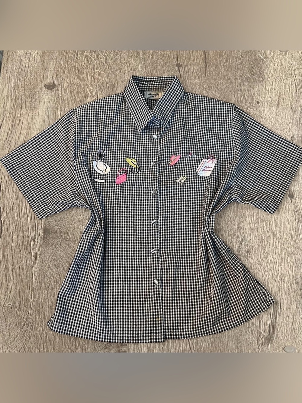 Vintage Keneth Too ! Black & White Gingham Button-Up Shirt with Cute Patches